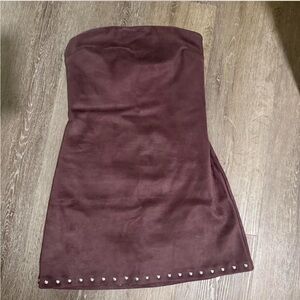 Strapless Brown Suede Dress with Studded Hem